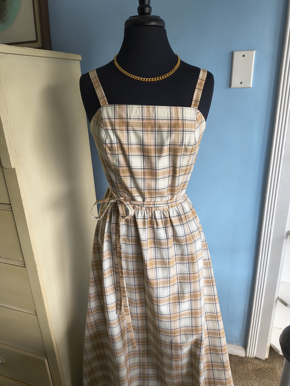 Vtg. Wrap Full Length Plaid Maxi Dress in Beige and White